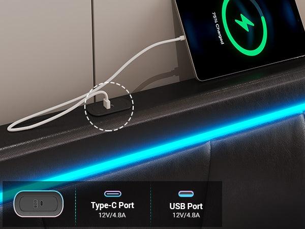 Sikaic 4 Drawers Faux Leather Upholstered Platform Bed Frame With LED Headboard Black