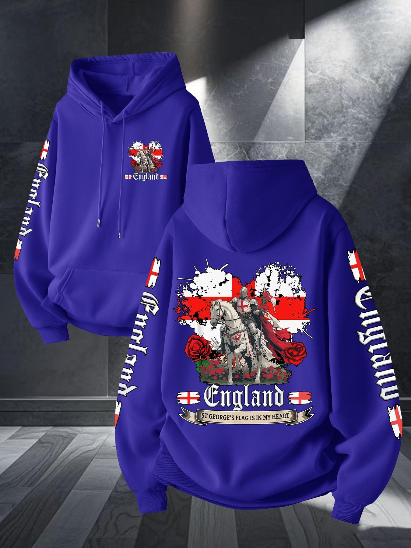 Middle Ages Long Spear Knight England Flag Print Hoodie, Unisex Casual Long Sleeve, Kangaroo Pocket, Fall & Winter Streetwear
