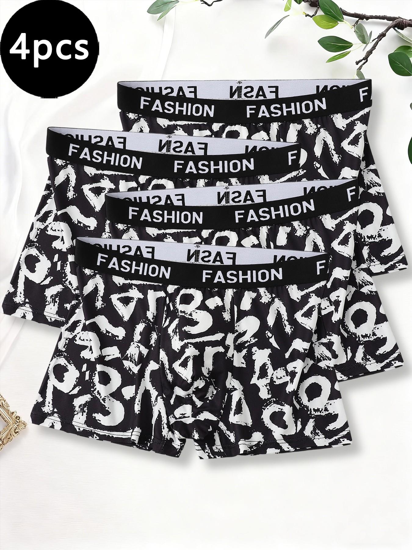 4-piece men's trendy printed boxer briefs, comfortable and breathable, with stylish color-blocked waistband