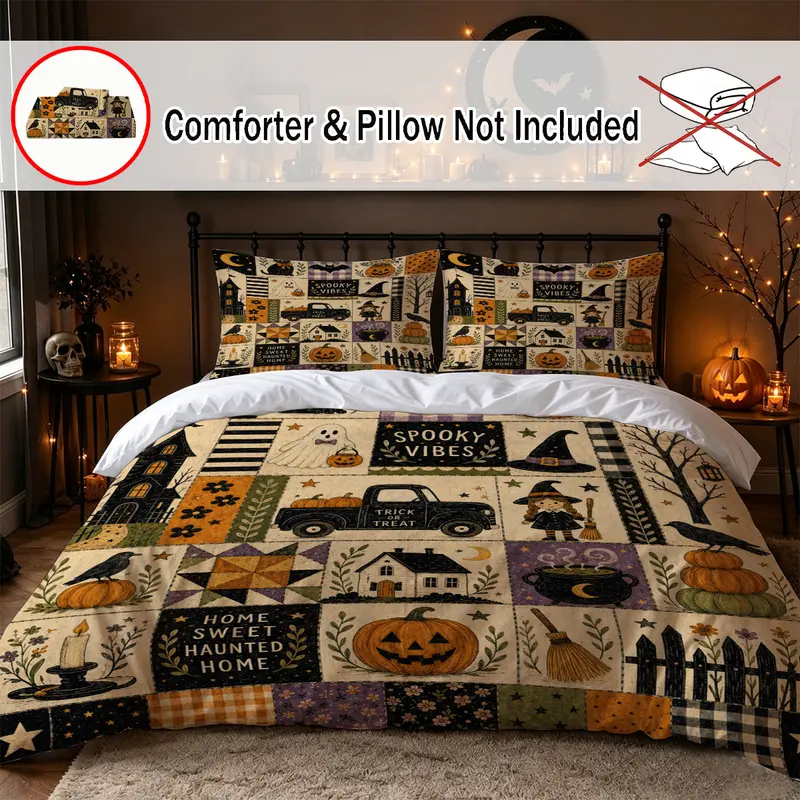 3-Piece Halloween Duvet Cover Set, Vintage Witch Ghost Pumpkin Haunted House Patchwork Print, Gothic Bedding, Includes 1 Duvet Cover and 2 Pillowcases, Washable Bed Set for Bedroom, Dorm and Decor, Duvet Covers Sets, Comforter Not Included