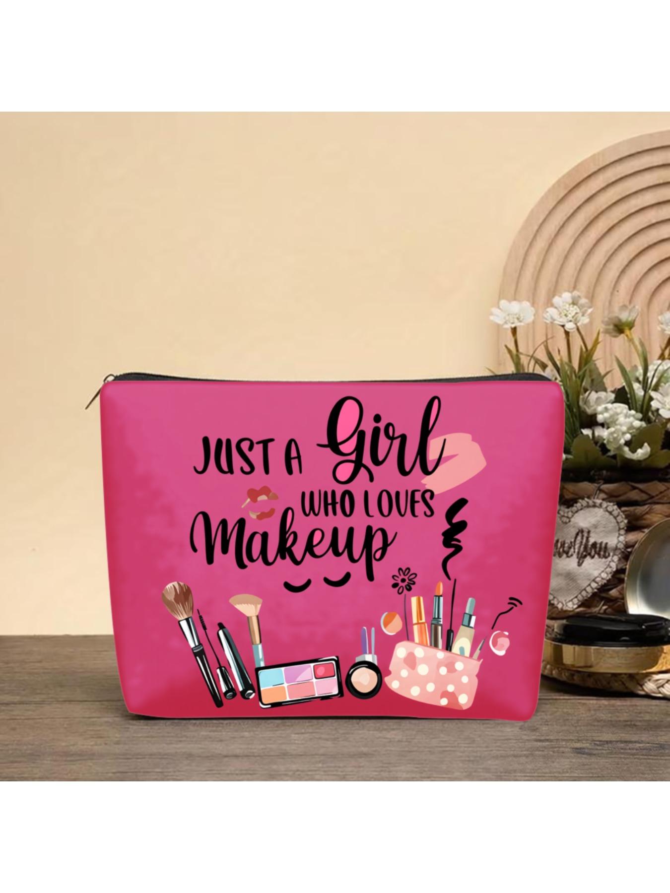 1pc Makeup Bag Pink Cosmetic Pouch With Just A Girl Who Loves Makeup Print And Makeup Tools Design For Travel Beauty Storage And Daily Use Perfect For Carrying Makeup Brushes Skincare Products And Personal Care Items Ideal For Traveling Gym