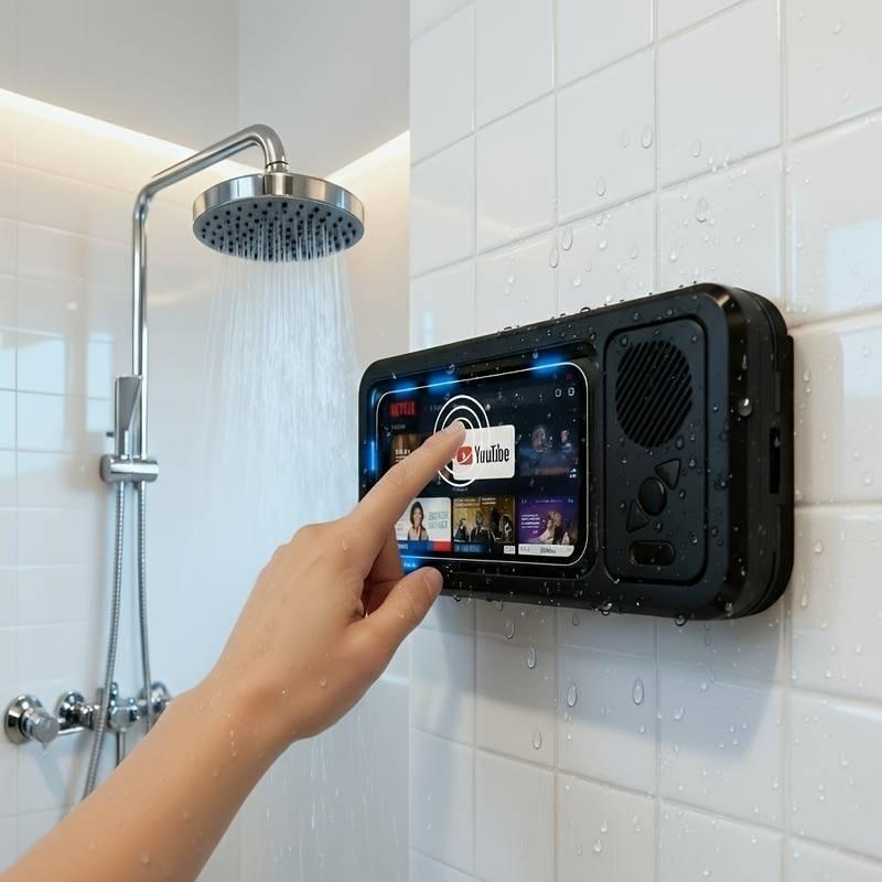Waterproof box-type speaker, Rechargeable waterproof speaker, Multifunctional speaker, 360° touch screen, watch movies, listen to music, phone holder, audio shower stand, bathroom, kitchen, swimming pool, holiday gift
