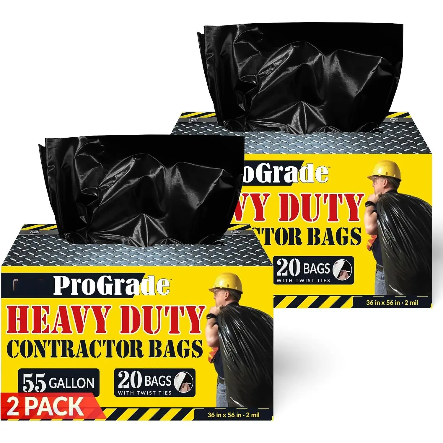 Contractor Garbage Bags 55 Gallon | Heavy Duty | 40 Trash Bags, Twist Ties, Black Contractor Trash Bags (36" x 56", 2 MIL)