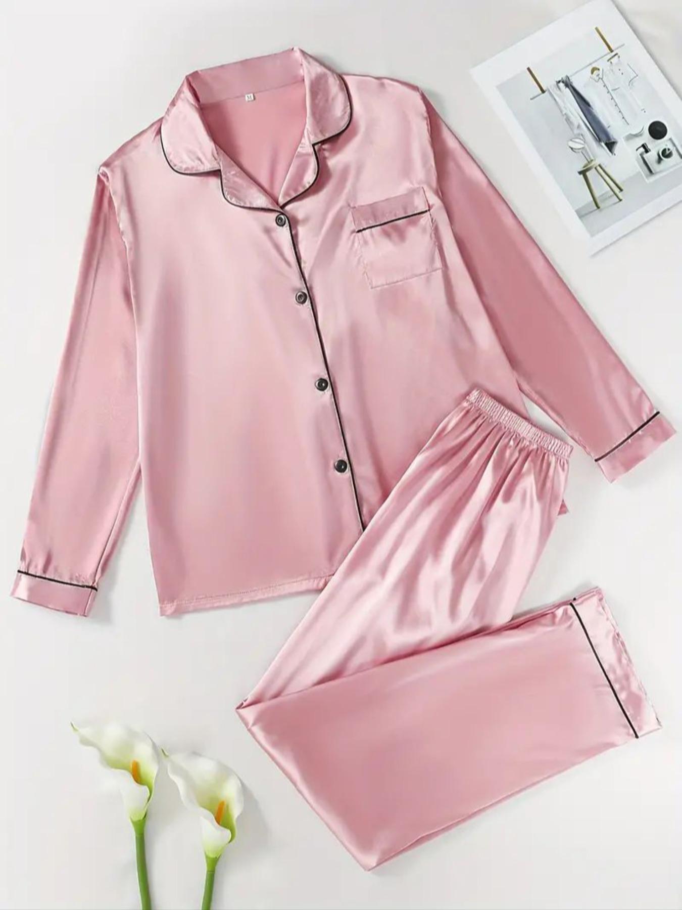 【Valentine's Day】Two-Piece Set Women's Solid Contrast Binding Satin Pyjamas, Pajamas, Long Sleeve Lapel Button Front Shirt & Elastic Waist Pants PJ Set, Casual Comfortable Sleepwear Set for Women