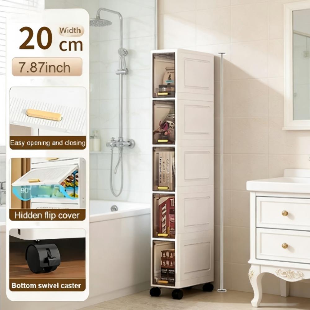 Space-saving rolling Freestanding storage cabinet, flexible movement, layered storage, stable placement. Suitable for balcony, bathroom, study room. Multi-layer shelf, heavy-duty modern bathroom storage cabinet, thickened material, narrow flip-top style.