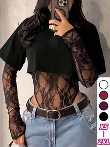 Summer Elegant Short Sleeve Lace Patchwork T-Shirt Romper, Slim Fit, Perfect for Layering, Y2K Style, Ideal for Daily Wear