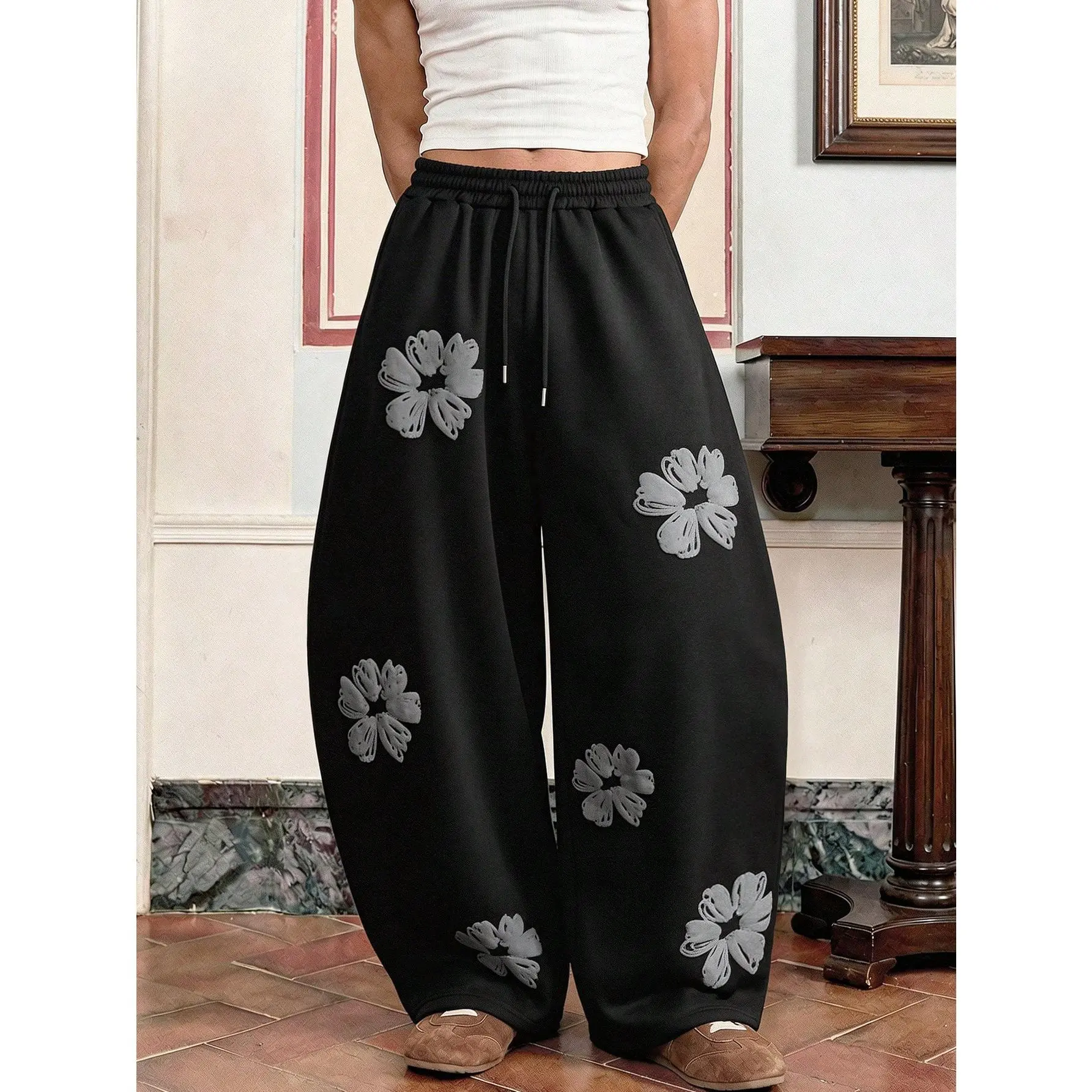 Men's Casual Loose Wide-Leg Sweatpants, Black, Standard Size, Screen Printing,Streetwear Pants