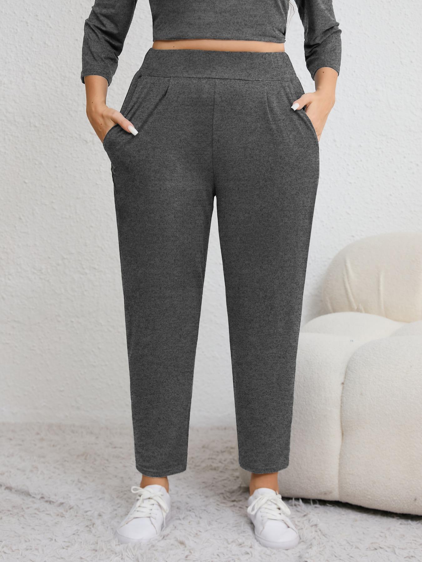 Plus Size Solid Plicated Pocket Elastic Waist Joggers, Casual Sporty High Waist Trousers for Women, Women's Sportswear for Indoor Outdoor Wear, Women Workout Clothes