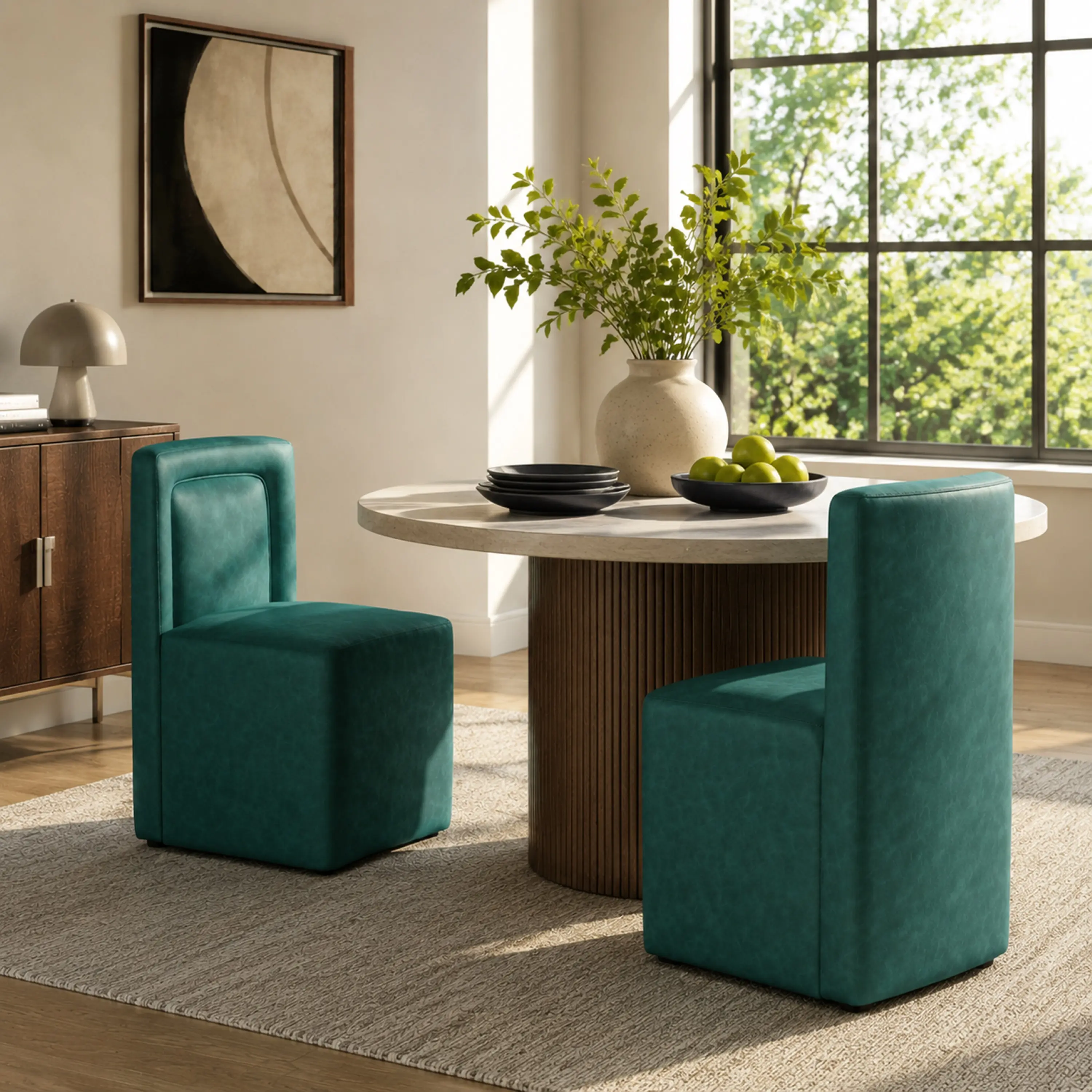 Set of 2 Green PU Upholstered Dining Chairs, Fully Assembled, 400 lbs Capacity, Modern Cube Shape for Dining Room