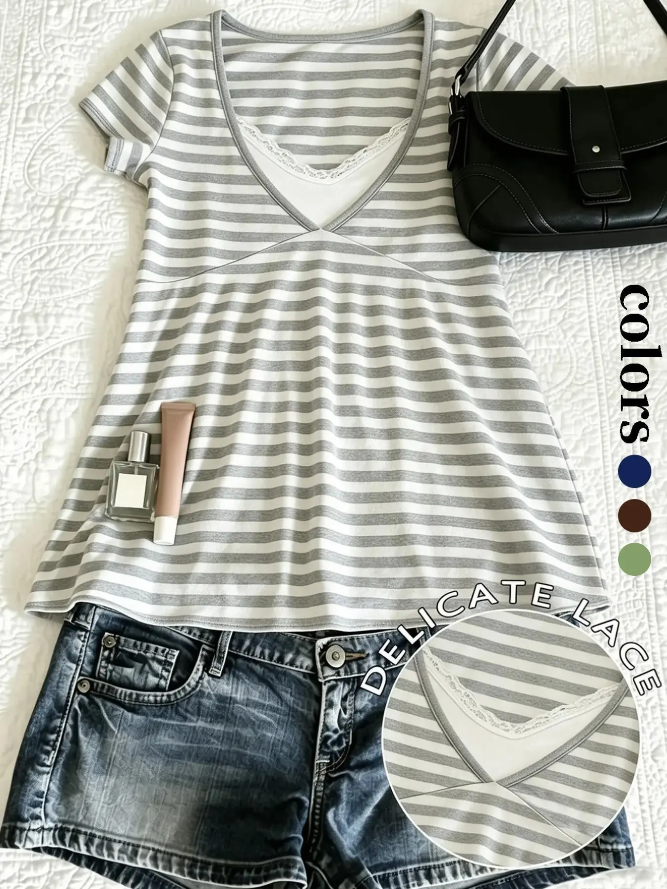 Spring/Fall Lace Patchwork V-Neck Short Sleeve T-Shirt, Y2K Style Tween Daily Wear, Fake Two-Piece Top, Trendy Fashion for Women,Vacation Beach Back To School,Babydoll Tee