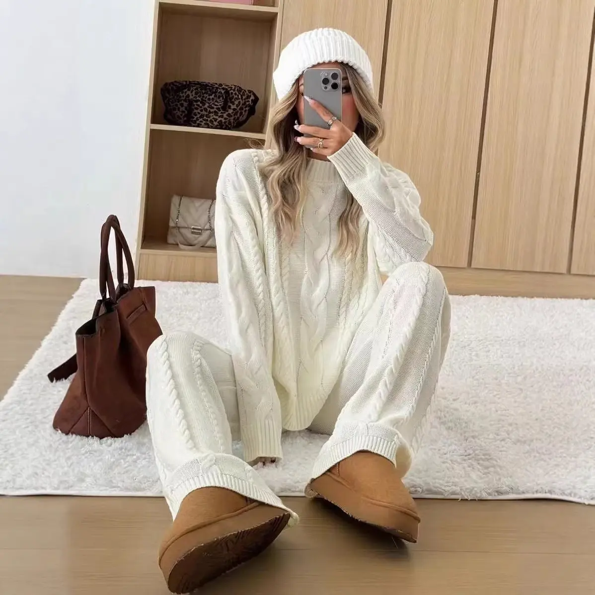 Women's 2-Piece Coordinate Cable Knit Set - Casual Long Sleeve Pullover, Ribbed Wide Leg Trousers, Comfortable Everyday Fall Winter Lounge Outfit