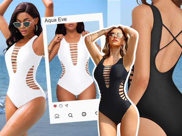 Aqua Eve Women Sexy One Piece Swimsuits Plunge Deep V Neck Cutout Bathing Suits