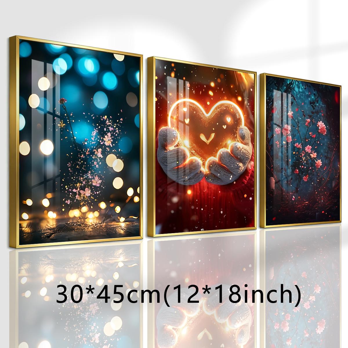 3 Counts Aluminum Alloy Framed Painting, Glowing Heart And Blooming Flowers Pictures, Home Decoration For Living Room, Bedroom, Office, Restaurant, Hallway Wall Decor, Odorless Print Artwork, Luxury Perfect Gift For Friends And Family