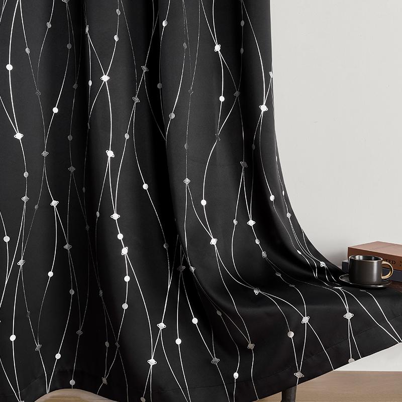 2-Panel 52×96 In Blackout Curtains - Black with Silver Wave Dot Print, Polyester Foil Thermal Insulated, Noise Reducing Rod Pocket Drapes for Living Room Decor, Modern Dark Tones Bedroom