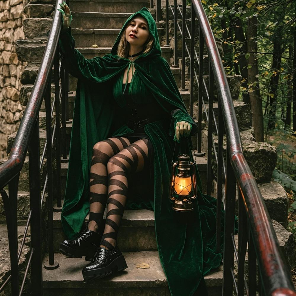 Gothic Velvet Cape, Seamless Full Length Hooded Witch Cloak for Adults Teens, Lightweight Reaper Theme Cosplay Cape for Halloween Party & Events