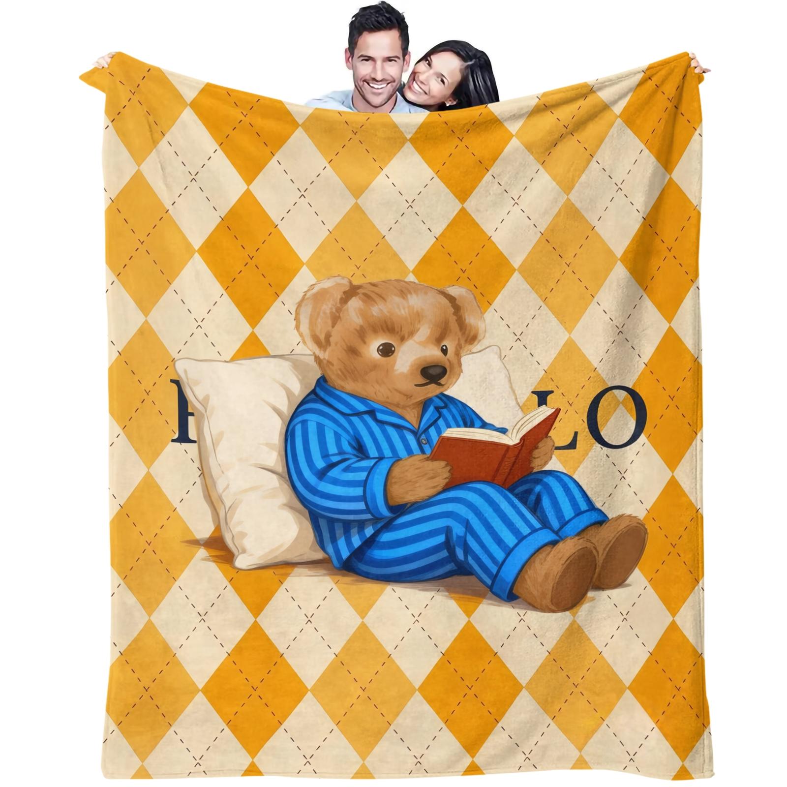 Luxury Polo Bear Fleece Blanket, Yellow Argyle Nautical & Reading Bear Multi-Style, Soft Skin-Friendly Breathable Thick Warm Throw for Sofa Bedroom Home