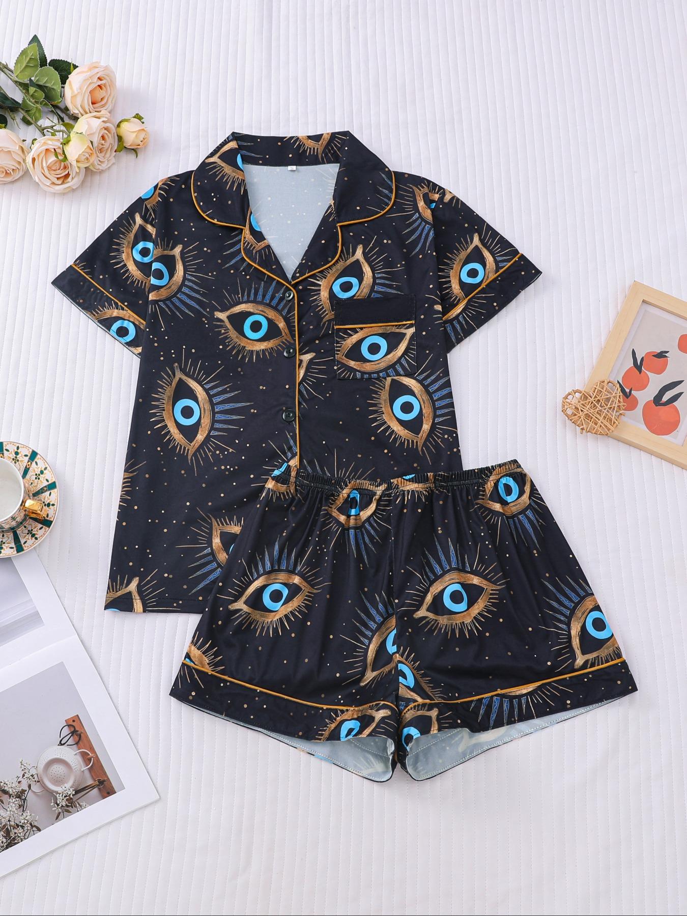 Two-piece Set Women's All Over Print Shirt & Elastic Waist Shorts Pajama, Casual Comfy Top & Shorts Pj Set, Ladies Sleepwear for All Seasons, Loungewear Set Women