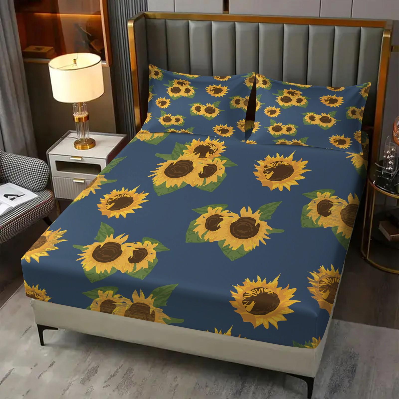 3 Piece Sunflower Pattern Fitted Sheet Set, Soft And Durable Bedding Set, Including 1 Piece Flat Sheet And 2 Pieces Pillowcases, Suitable For Children And Adults Daily Holiday Birthday Gifts Bedroom Decorations