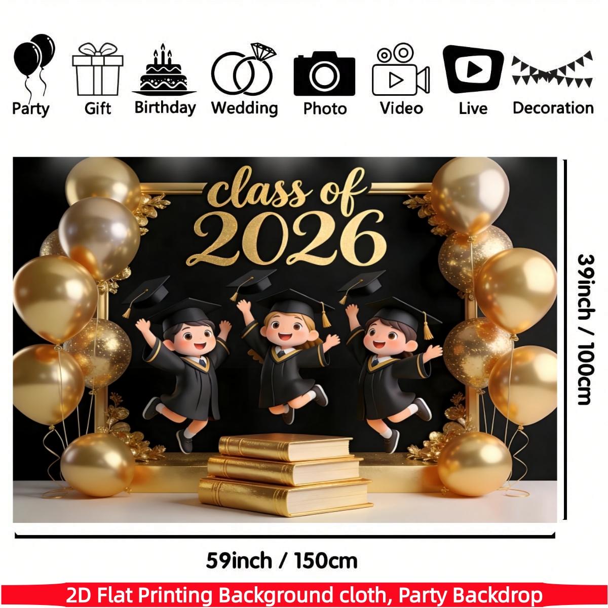 1-pack polyester fiber 2D flat printing 2026 graduation theme background cloth banner + door curtain three-piece set black gold balloon book design suitable for graduation parties, graduation ceremonies, studio shooting, classroom wall decoration