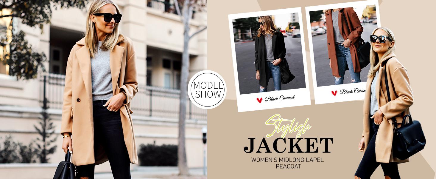 SCUSTY Women's Notched Lapel Winter Wool Coat Single Breasted Pea Coats Wool Blend Blazer Jacket