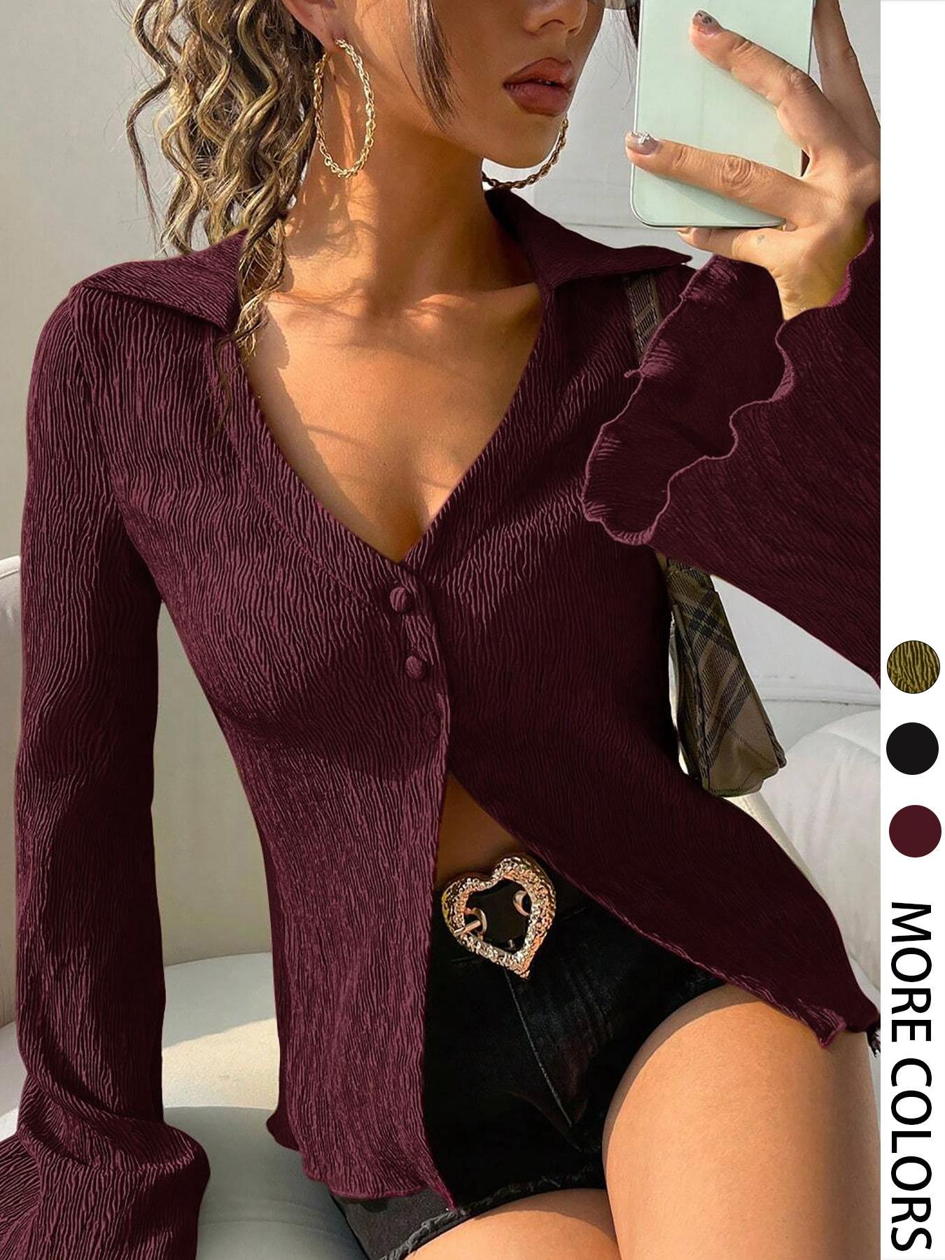 Women's Solid Color Fitted Flared Bell Sleeve Blouses & Shirts, Casual Elegant Long Sleeve Top for Daily Wear, Ladies Clothes for All Seasons