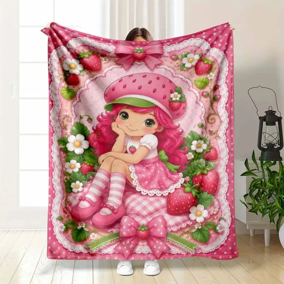 Kawaii Strawberry Princess Flannel Blanket, Anti‑Pilling Flannel Fabric, Cute Theme, Soft Cozy Lightweight Plush, Multi‑Size Indoor/Outdoor Throw for Sofa Bedroom, Valentine Birthday Holiday Gift Decor, Baby & Adult Warm Cozy Throw Blanket for Dorm Living