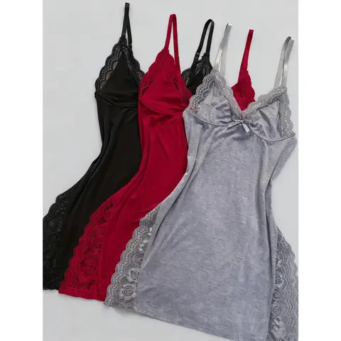 Women's Elegant Sleeveless Solid Color Nightwear Set - Bridesmaid Night Gown & Lounge Wear, Black/Red/Gray, Black Lace Panels Trim, Side Slits, Fitted Cut, Braless Breathable Lightweight, Ideal for Holiday, Valentine's Day