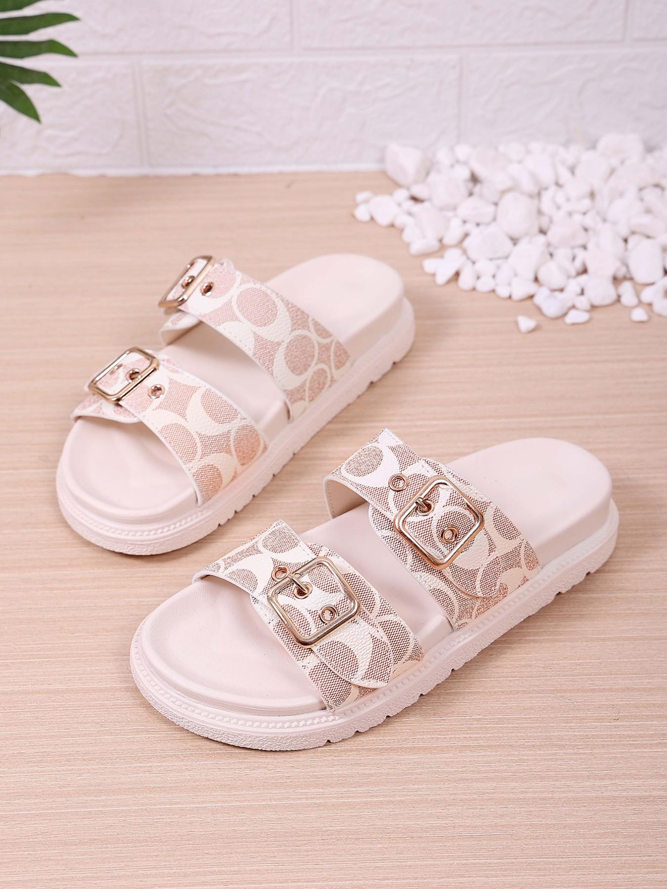 European Style Thick Sole Buckle Sandals for Women, Versatile Plain PU Leather Summer Beach Shoes, Casual Open-Toe Flip Flops