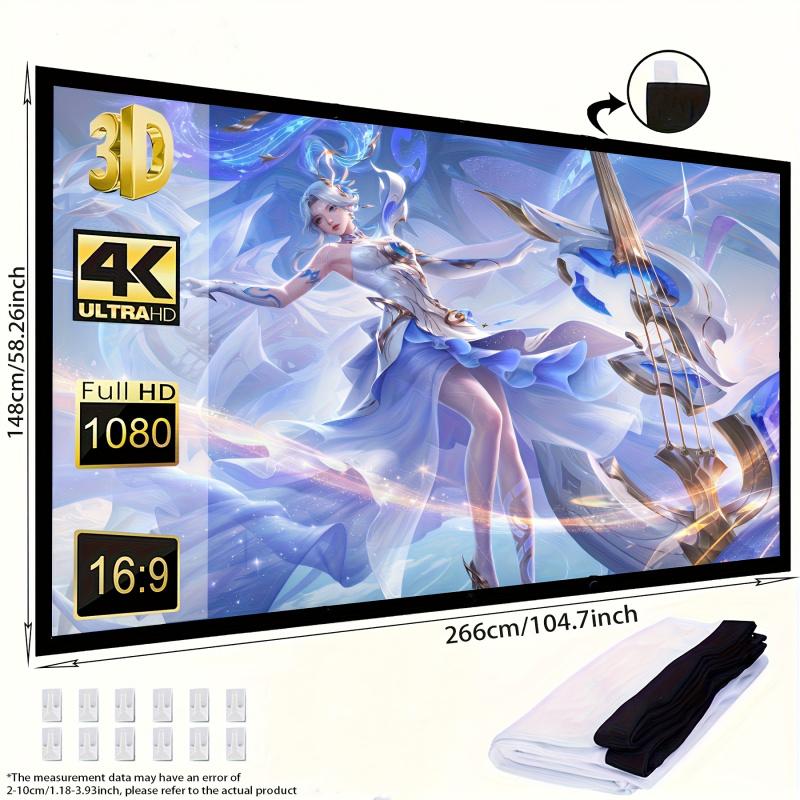 4K 100-inch/60-inch 3D projection screen, suitable for home theater and outdoor/indoor projectors, portable and foldable 4K screen, a must-have 4K screen for projectors, making projections clearer