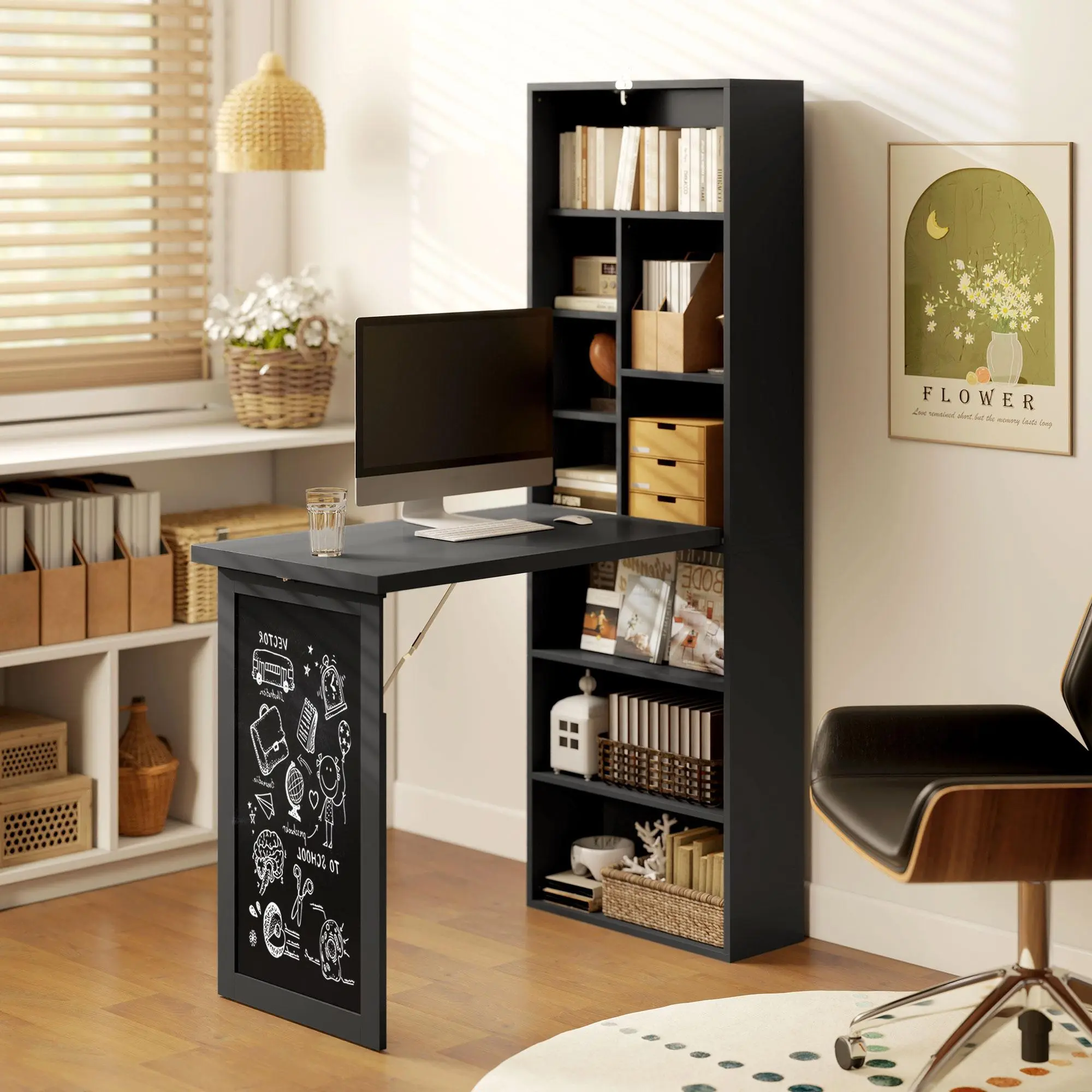 Fold-Out Convertible Wall-Mounted Desk, Space-Saving Computer Desk with Blackboard, Side Storage Shelf and Foldable Workstation Design, Compact Wall Desk for Home Office, Bedroom, Study Room, Small Spaces and Apartment, Black