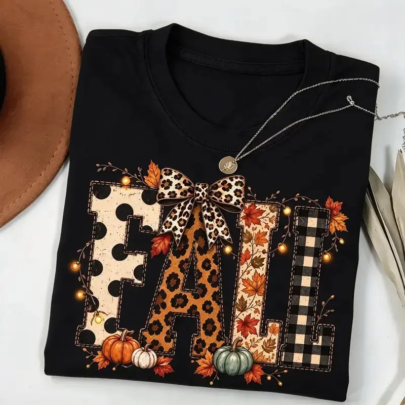Leopard Plaid Fall Tshirt, Pumpkin Bow Autumn Graphic Tee, Cute Fall Lover Shirt, Cozy Pumpkin Season T-shirt