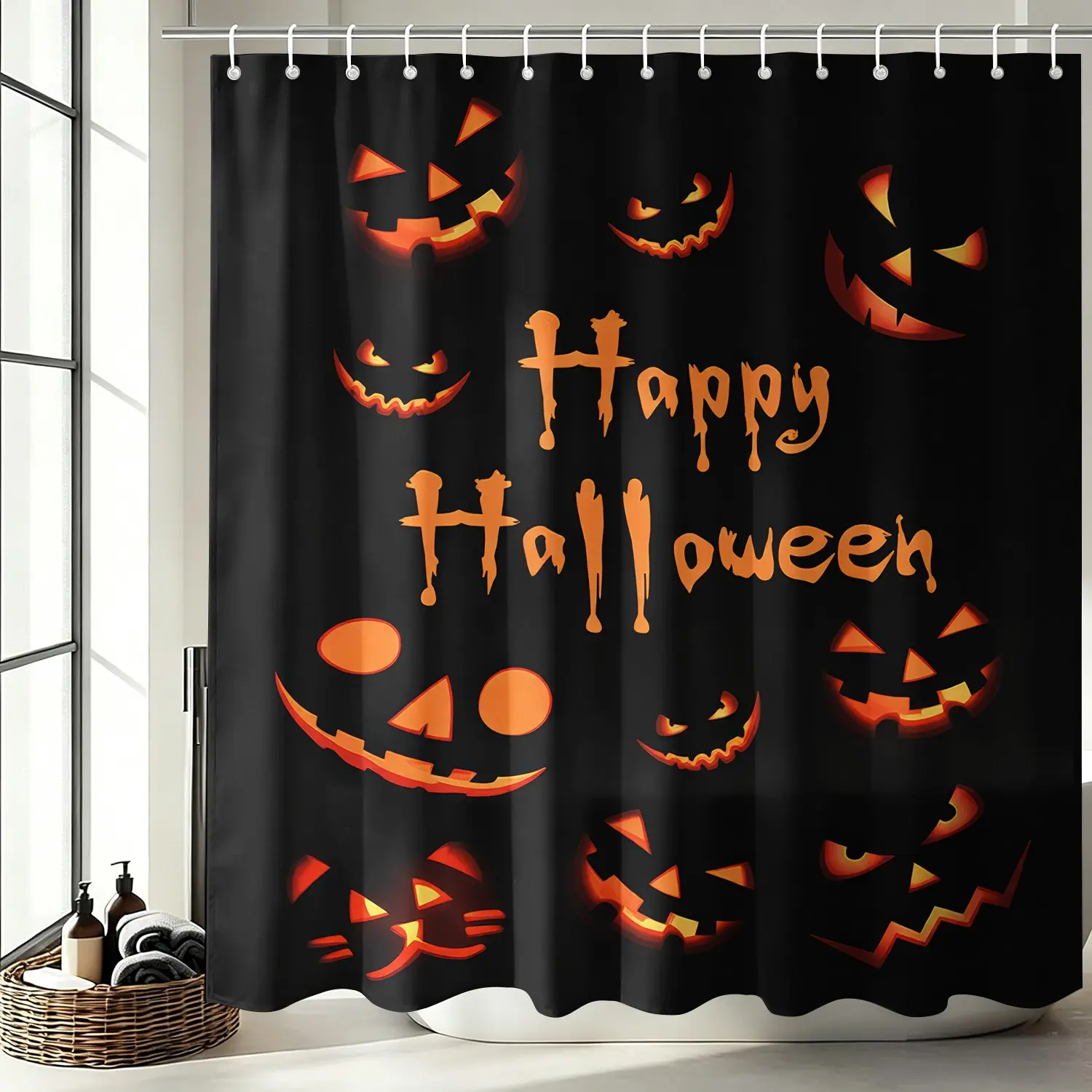 Happy Halloween Jack O Lantern Shower Curtain, Waterproof Fabric Bathtub Curtain 72"x72" with 12 Hooks, Black Background Spooky Pumpkin Face Print, Holiday Bathroom Decor Accessories