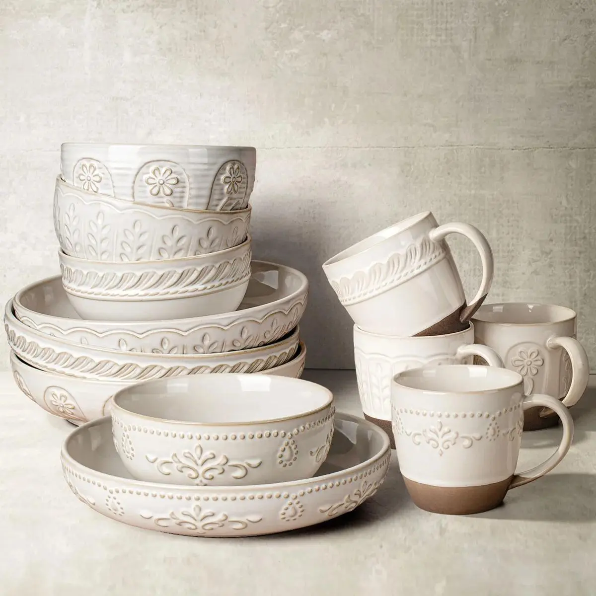 12-Piece Food-Grade Tableware Set for 4 - Kiln Reactive Glaze, Chip-Resistant, Microwave/Dishwasher/Freezer Safe, White with Multiple Patterns, Wedding Registry & Holiday Gift