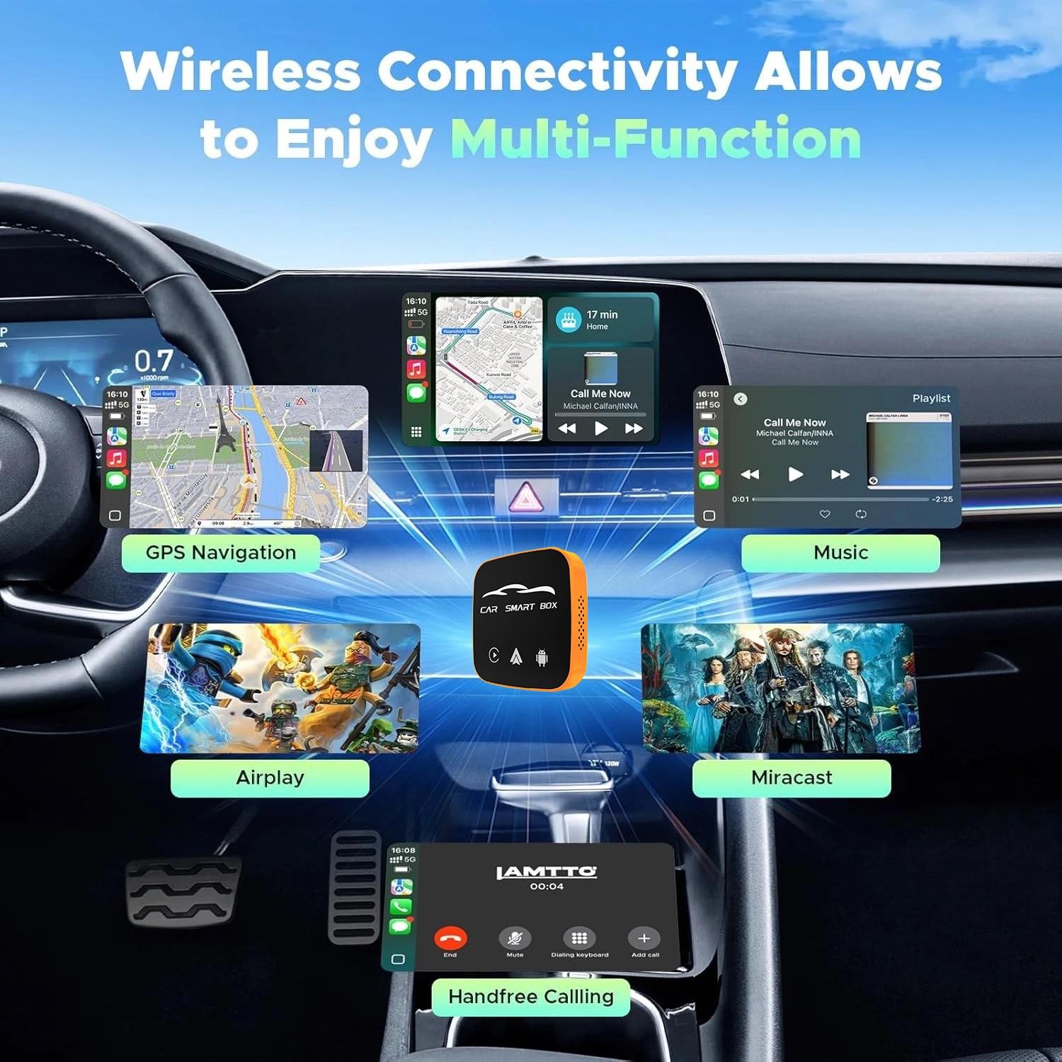 Wireless CarPlay adapter, compatible with iPhone and Android Auto, supports Netflix, AI box with TF card slot, plug-and-play with no installation required, easily set up in-car CarPlay video entertainment, Carplay Car Stereo