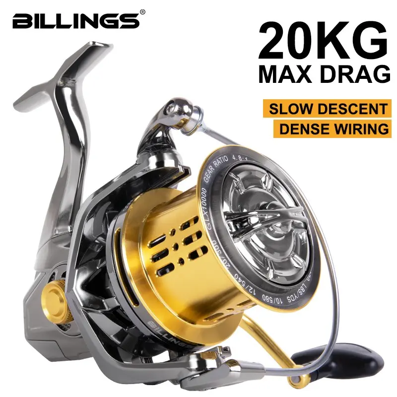 Billings Fishing Reel Glx 8000-14000 Series, 4.8:1 Gear Ratio, 6+1 Bearings, 20kg Brake Force, Metal Body, Saltwater & Freshwater Use, Fishing Reels Spinning