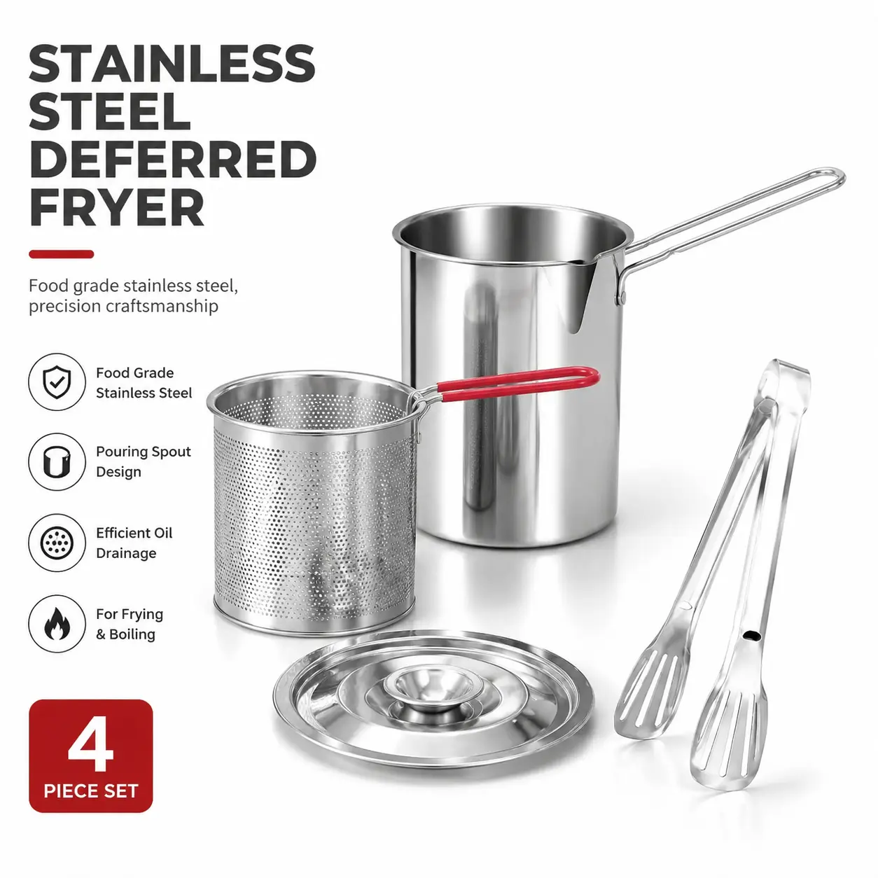 Stainless Steel Deep Fryer Set - 5.12*4.72in 1-Person Mini Pot with Fry Pot, Filter Basket & Food Clip, Rust-Resistant Portable Cookware for Home Kitchen Chips, Chicken Wings