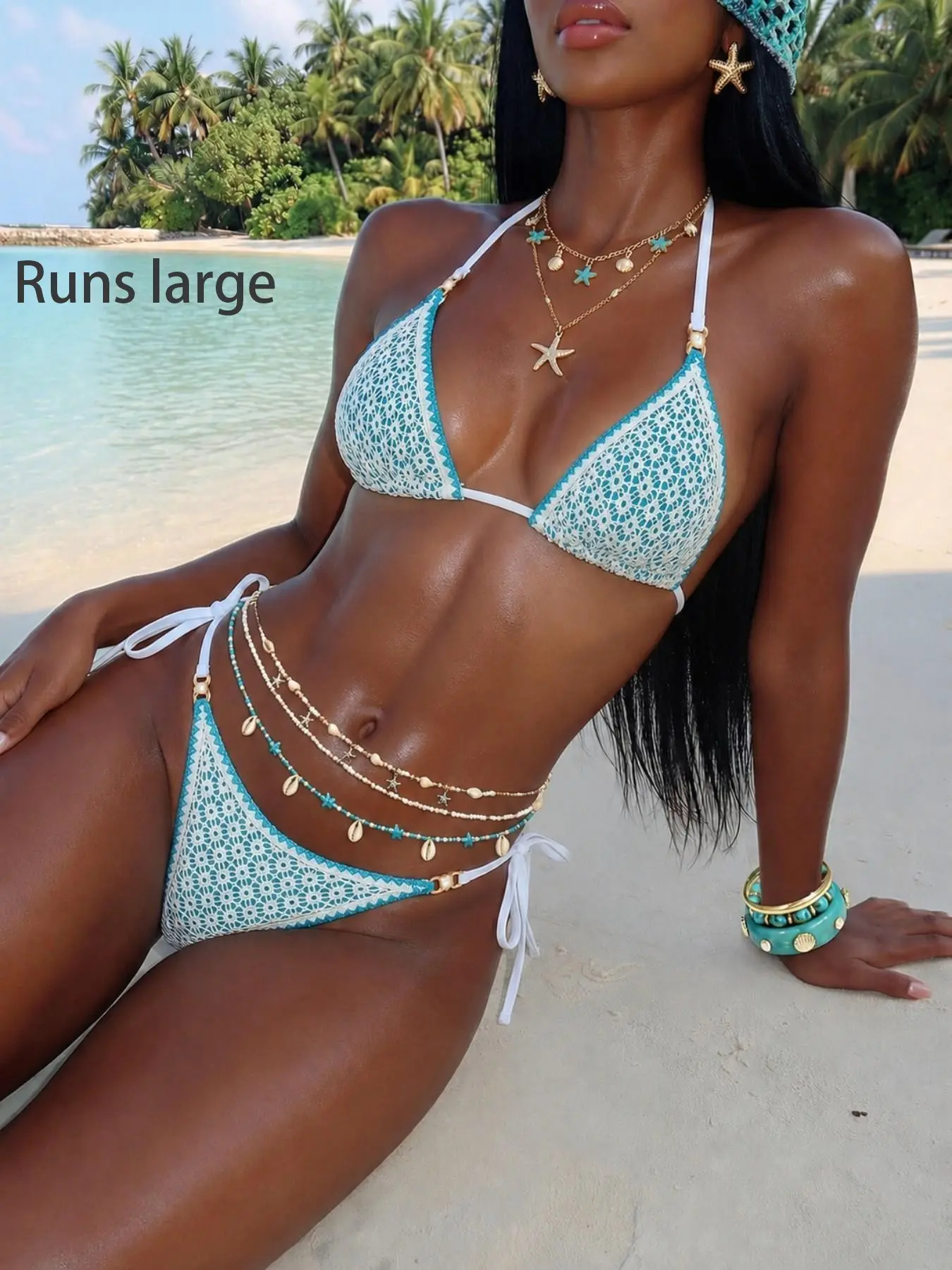 Vintage Turquoise & White Crochet Knit Triangle Halter Bikini Top & Side Tie High Cut Bottom, Women's Beachwear Swimsuit, Breathable Quick-Dry Summer Resort Swimwear, Halter Bikini Set, Swimsuit for Beach