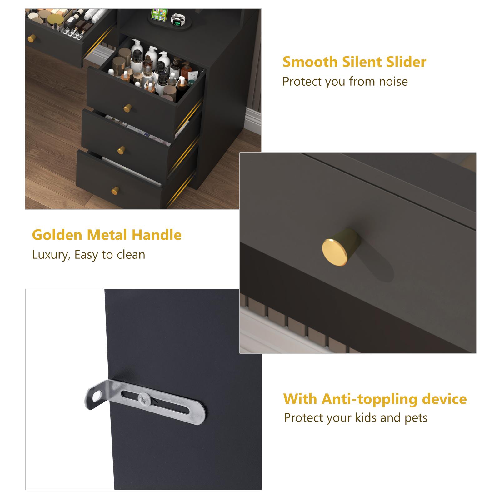 62" Large Vanity Desk w/ Tempered Glass Top,60000-color LED Lights,Power Outlet, Make up Vanity w/ 3 Lights Mode LED Mirror,2 RGB Cabinet LED Vanity Table for Women,Girls (White/Black)