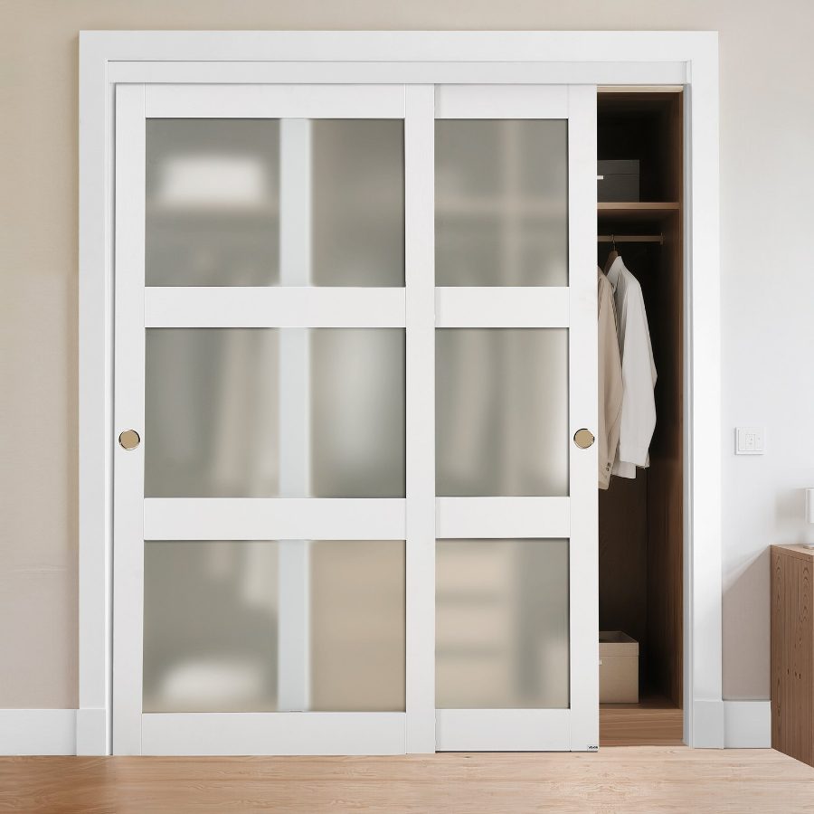 VEVOR 72"x80" Bypass Sliding Door, Double 37" Panels, 3-Lite Frosted Glass, Solid Wood MDF Slab with Waterproof PVC Surface, Hardware Kit & Floor Guide for Closets, Bedrooms, Frost Glass