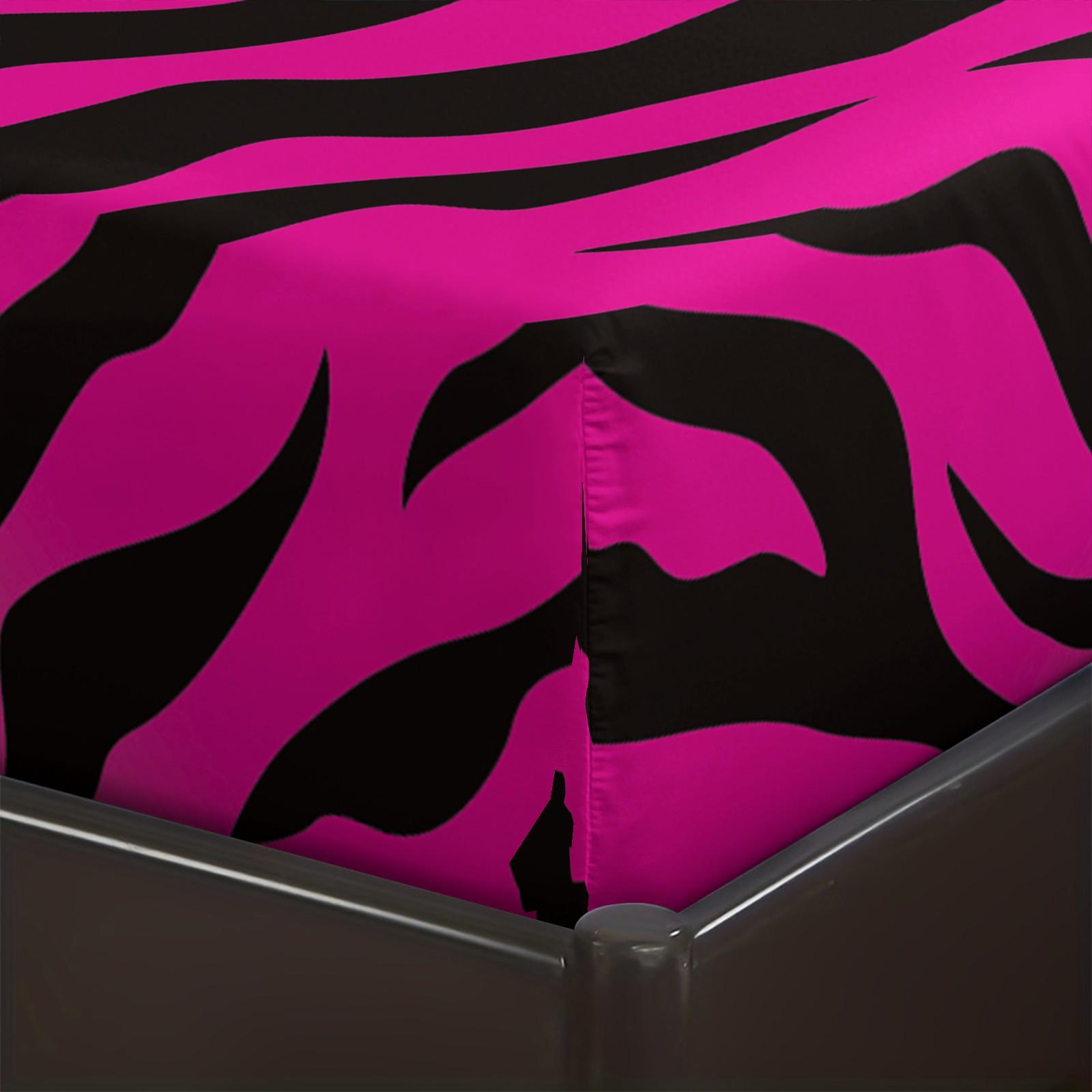 Black & Pink Zebra Print Fitted Sheet Set, 1 Bed Fitted +2 Pillowcases No Core, Hot Pink Base with Black Zebra Print, Y2K Millennial Style Bedding Non-Slip, Soft Breathable Fabric, Girls Bedroom Decor
