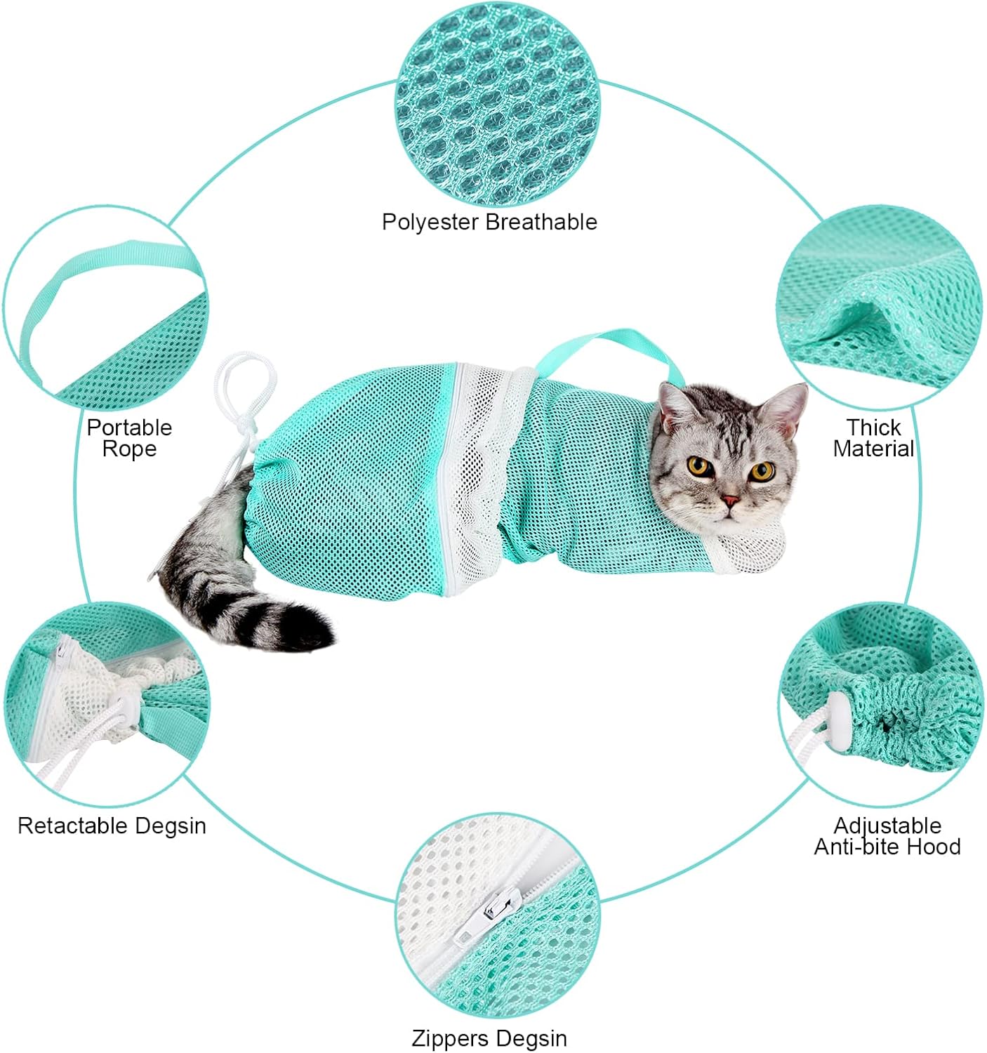 Adjustable Cat Bathing Mesh Bag, Anti-Bite Anti-Scratch Restraint Bag for Grooming, Nail Trimming & Injection, Portable Drawstring Shower Bag for Cats