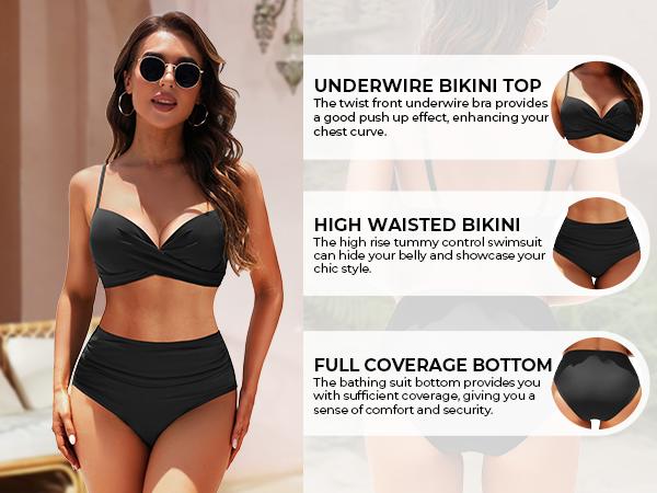 Aqua Eve Women Underwire Bikini High Waisted Bathing Suit Tummy Control Two Piece Swimsuit