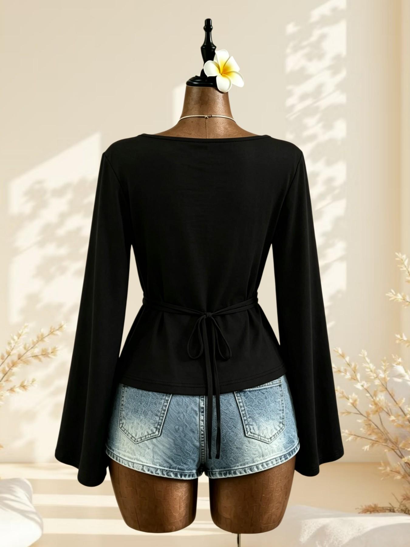 French Lazy Style Plain Color One-Shoulder Bell Sleeve Top, Side Pleat Waist Slimming Commuter Shirt, Choose 1/2 Pieces