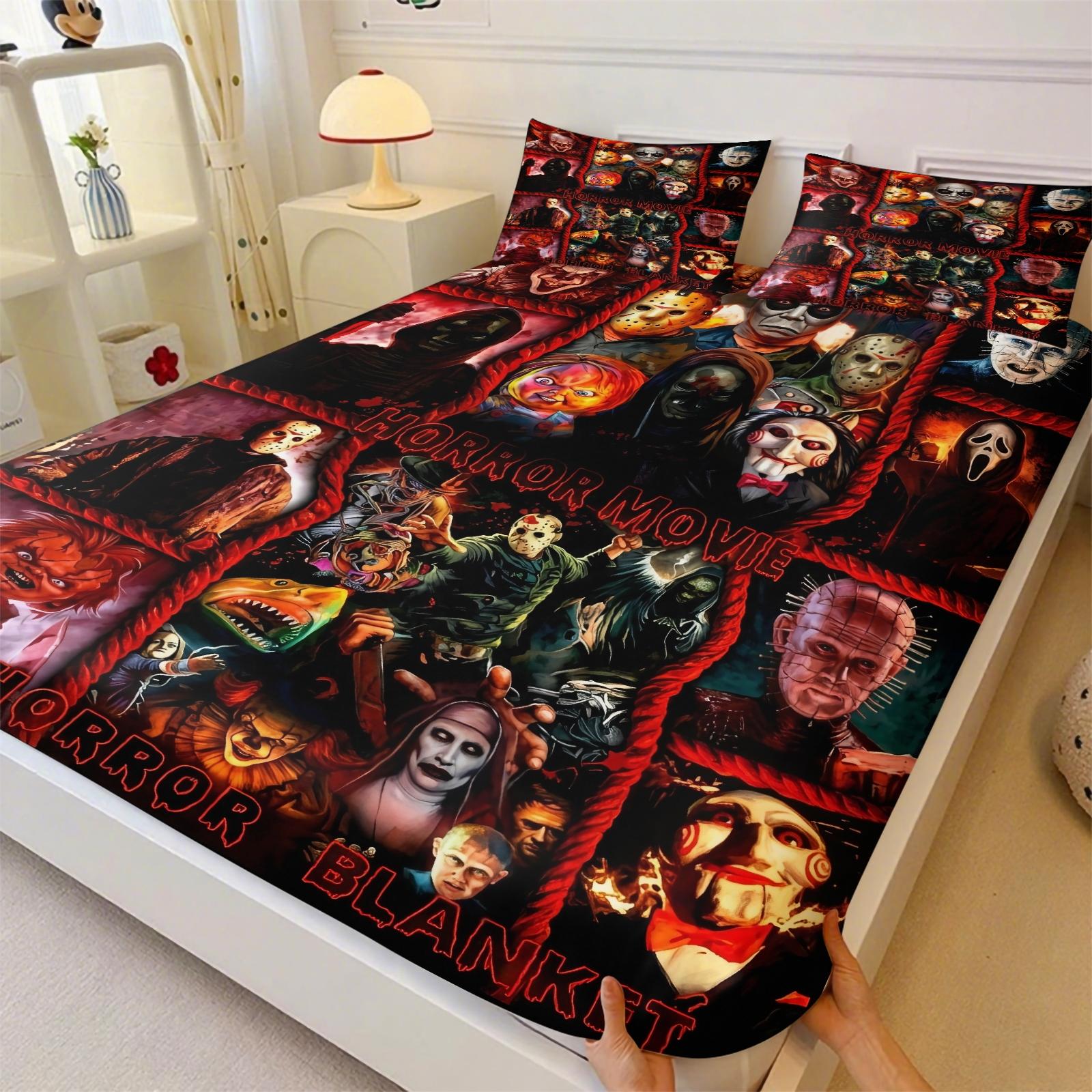 Horror movie printed pattern bed sheet, comfortable printed pattern, including 1 bed sheet and 2 pillowcases, comfortable bedding, anti slip dust cover suitable for bedrooms and guest rooms, suitable for children and adults as gifts, Bedsheet Sets