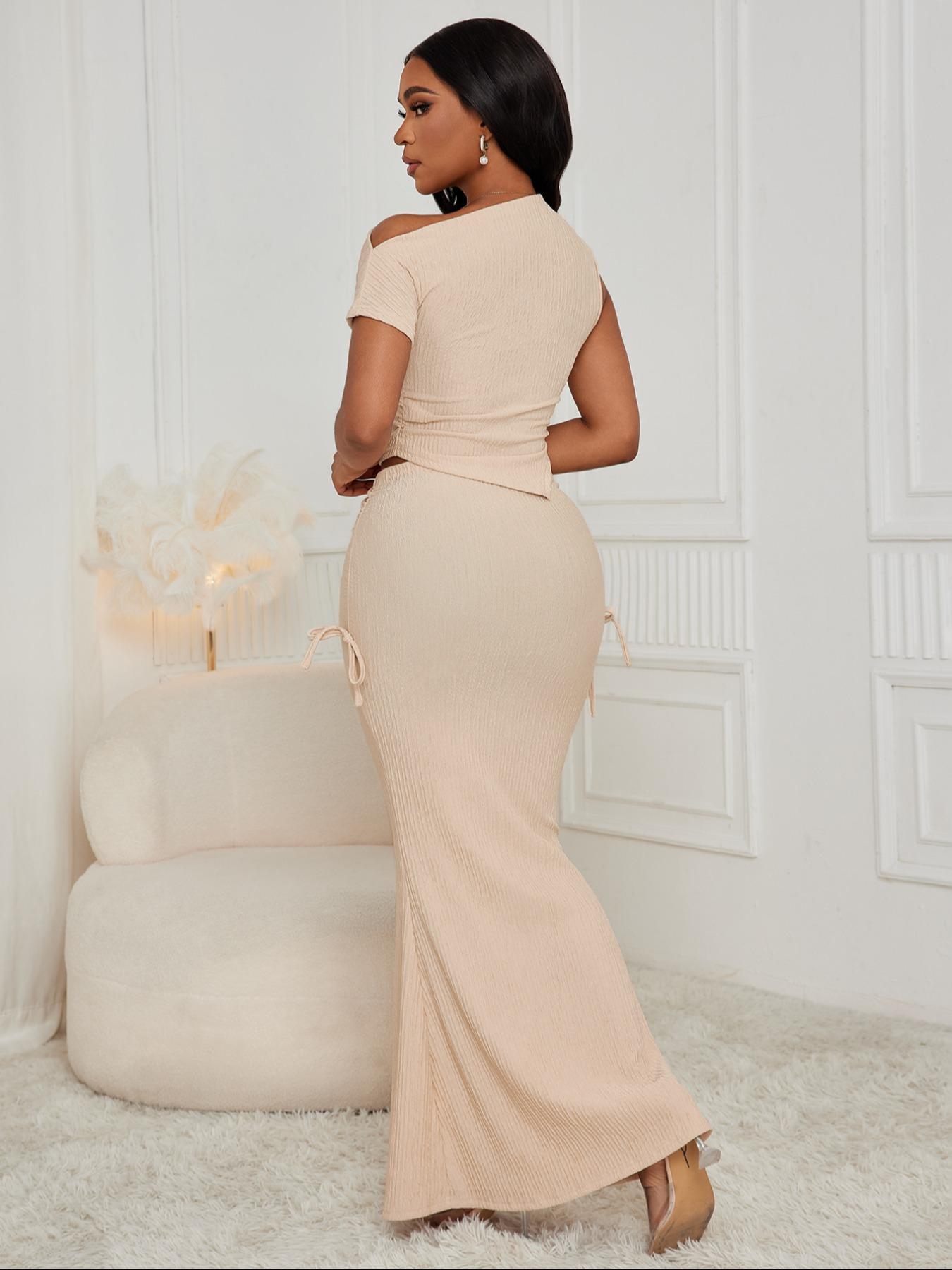 Women's Solid Color Striped Ribbed Crop Top & Mermaid Skirt Two-piece Set, Casual Fashion Cozy Top & Long Skirt for Daily Outdoor Wear, Ladies Clothes for All Seasons, Womenswear