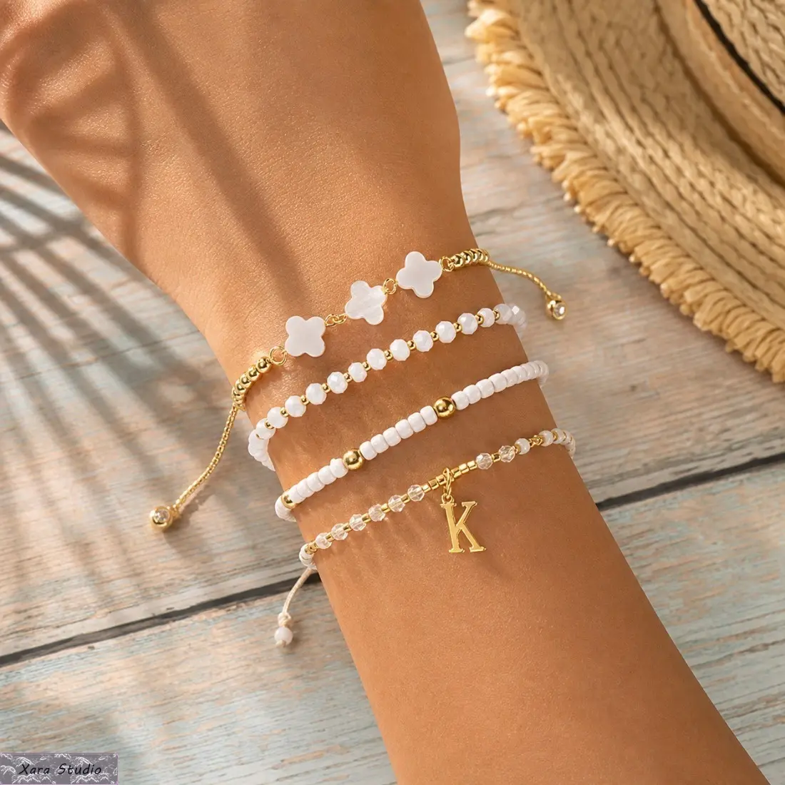 Women's Lightweight Handcrafted Floral Beaded Bracelet - Adjustable Letter Charm, Mixed Colors Nylon Beads, Minimalist Cute Handmade Jewelry, Summer Wrist Accessory for Daily Wear & Vacation
