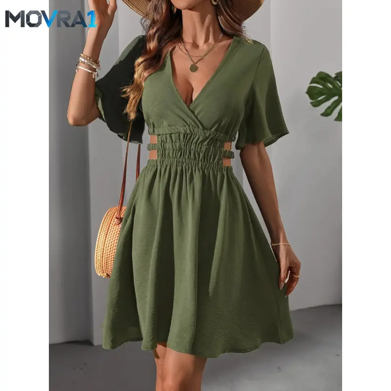 MOVRA1 1 Piece Women's V-Neck Mini Dress, Elegant Vacation Style Womenswear, Casual Boho Sundress, Beach Sundresses, Bohemian Beach Dress, Beachwear Dress