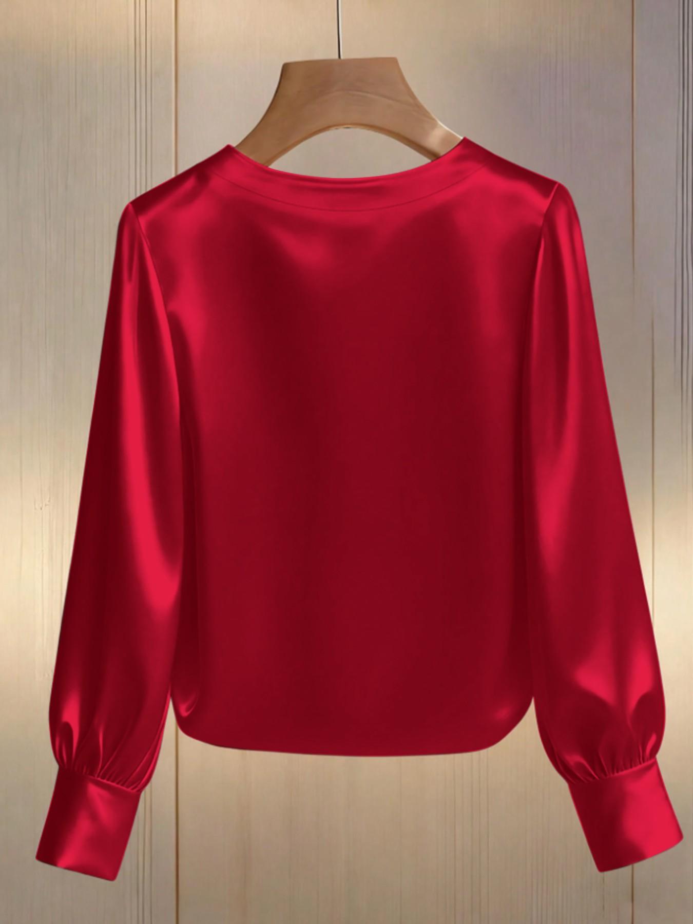 Women's Fashion Pearl V-Neck Solid Long Sleeve Simple Shirt, Elegant Casual Blouse for Daily Wear, Stylish Ladies' Top