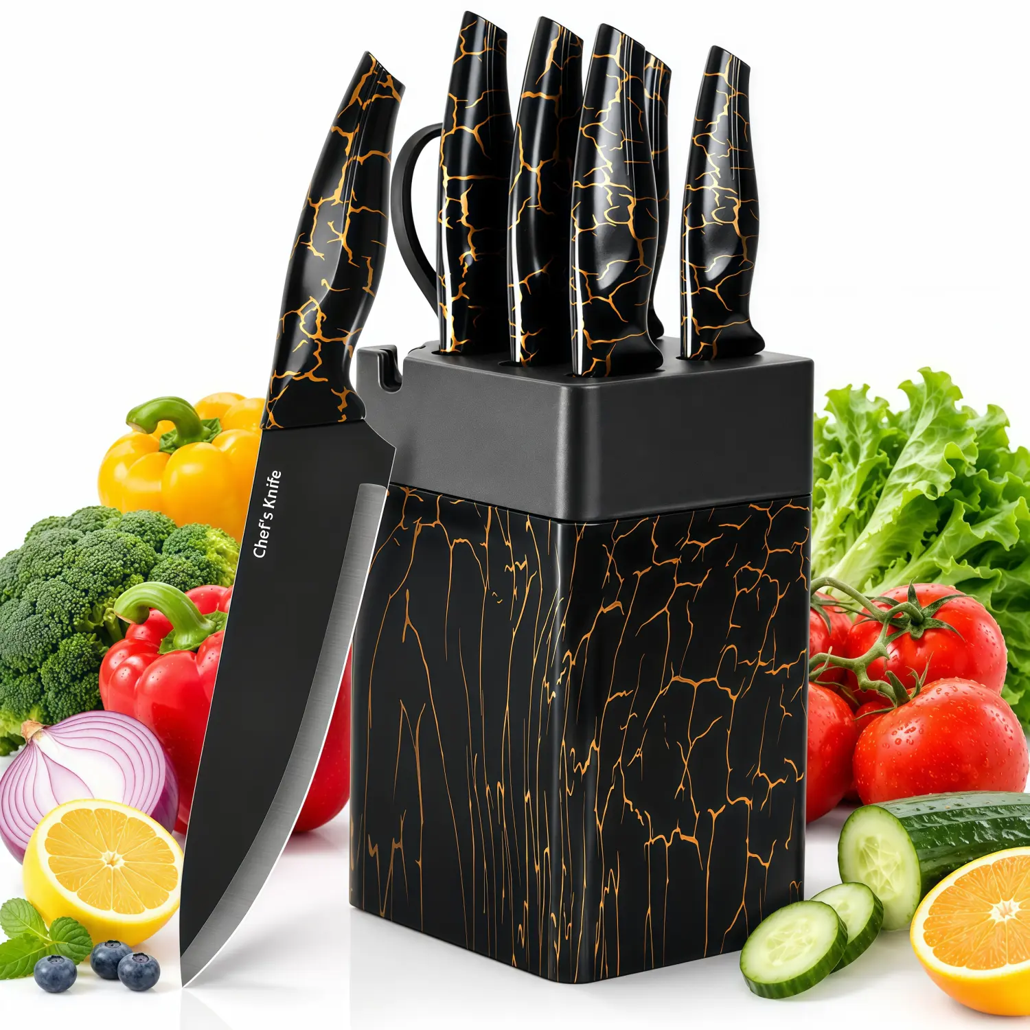 XANAPON 8-Piece Kitchen Knife Block Set with Knives, High Carbon German Stainless Steel Cooking Cutlery, Dishwasher Safe with Sharpener, Black