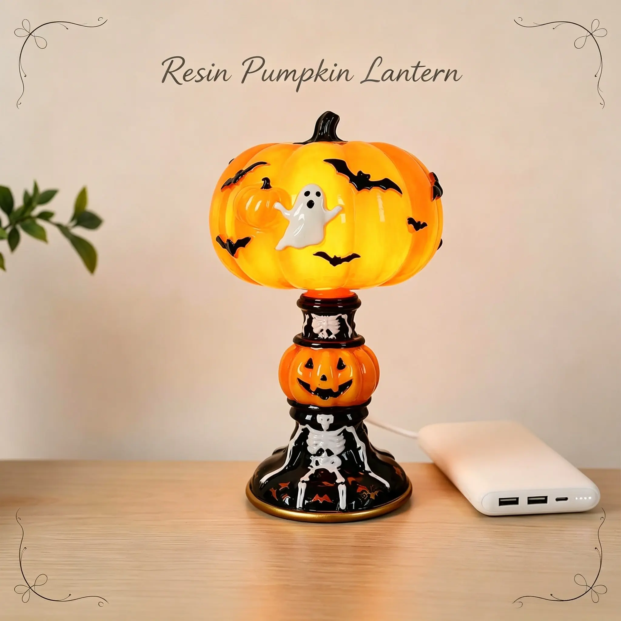 Resin Halloween Night Light Decor, USB Powered Colorful Resin Lamp, Handmade Vintage Gothic Warm Amber Glow, Desktop Decoration for Bedroom Bookshelf Desk, Decorative Night Light